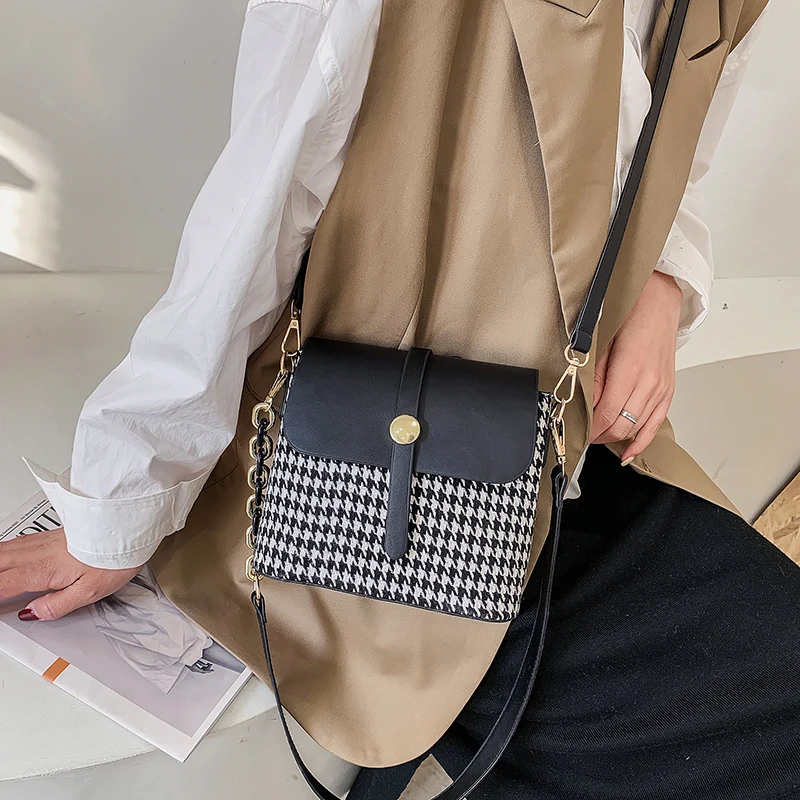 

Houndstooth Jacquard+PU Women's Shoulder Bucket Bags Spring Fashion Female Hand Bags sac femme Fashion Shoulder Crossbody Bag