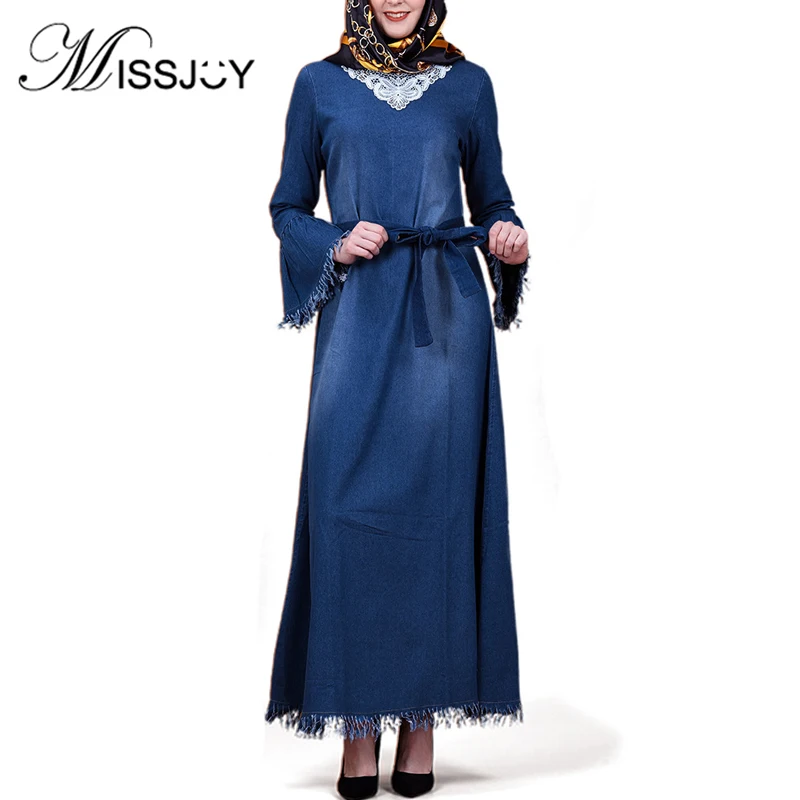 MISSJOY Мусульманское платье Абая ДубайДжинсовое Arabian турецкие Макси платья с