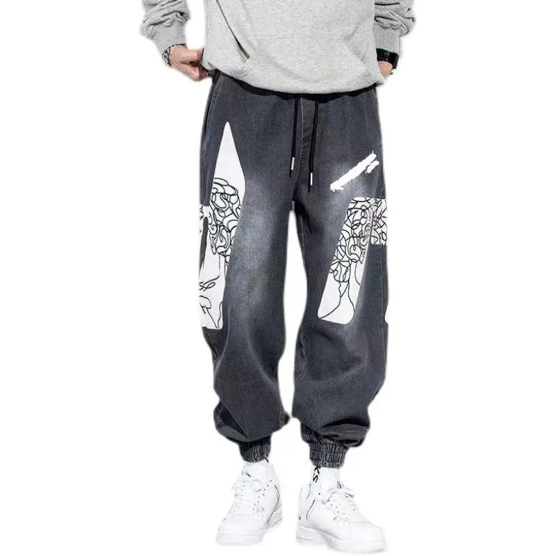 Spring Autumn Loose Jeans Men's Straight Hip Hop Korean Fashion Ankle-Length Pants Graffiti Large Size Harem Denim | Мужская одежда