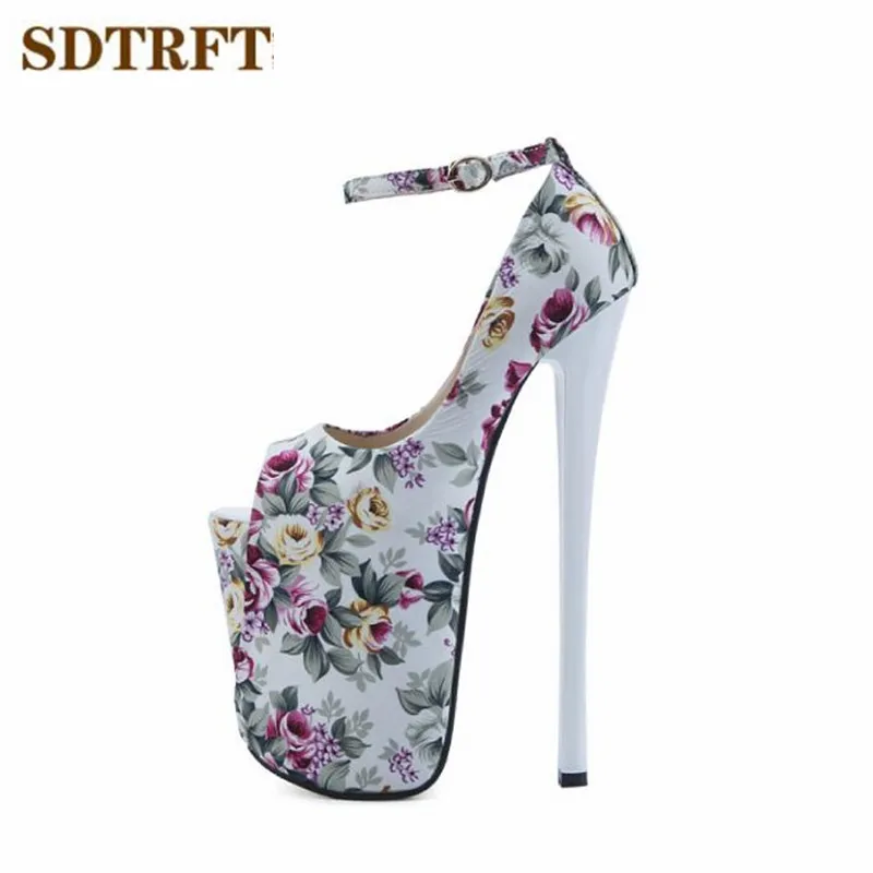 

SDTRFT Peep Toe Pumps Ladies Platform Sandals woman 22cm Thin high heels zapatos mujer Ankle Strap Stiletto Crossdresser shoes