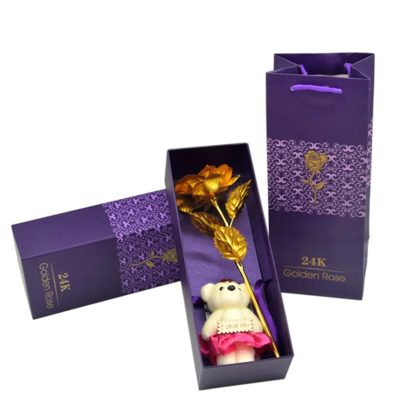 24K Золотая фольга роза с медведем домашнее украшение фигурки миниатюры День