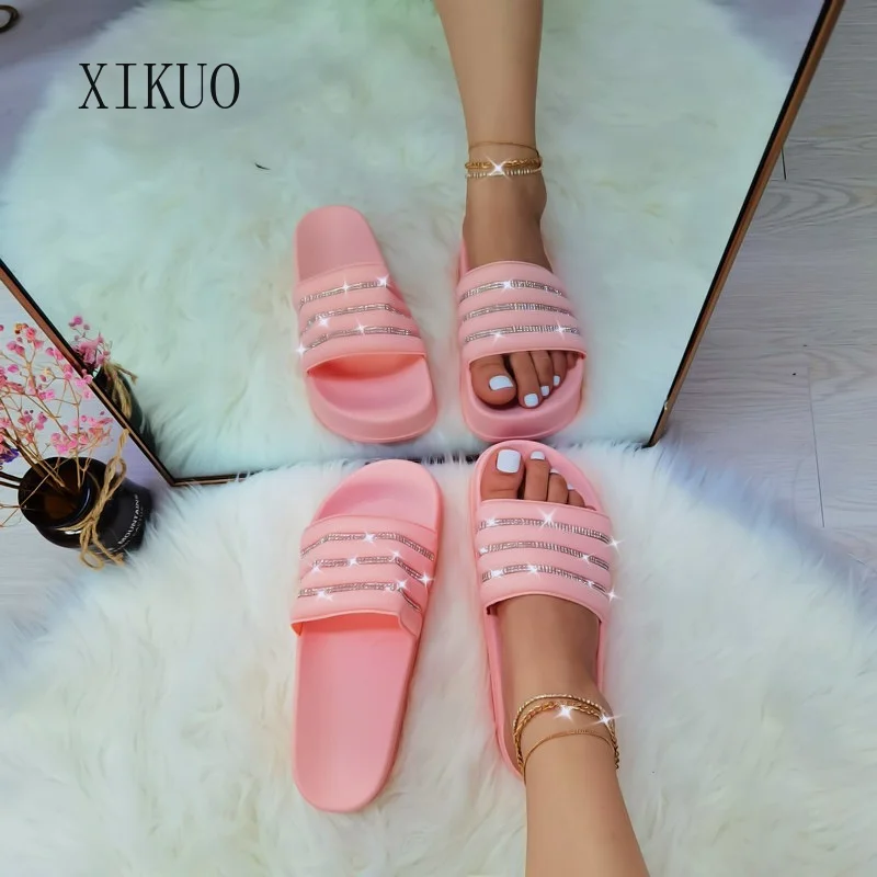 

Ladies Rhinestone Shiny Slippers Summer Newest Ladies Sandals Popular Slippers Rainbow Outer Wear Platform Sandals Women's Shoes