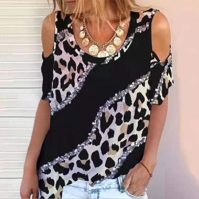 

Elegant Leopard Patchwork Chic Blouses Shirts Casual Summer O Neck Loose Women Tops 2021 Fashion Off Shoulder Short Sleeve Blusa
