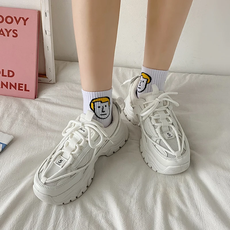

Breathable White Sneakers Women Lace Up Casual Trainers 2021 Autumn Vulcanized Flat Platform Sneakers Women Sports Chunky Shoes