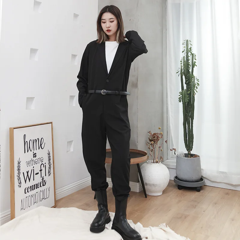 Ladies' One-Piece Trousers Spring And Autumn Classic Dark Suit Collar Slim High Waist Casual Versatile Loose Oversized Trousers