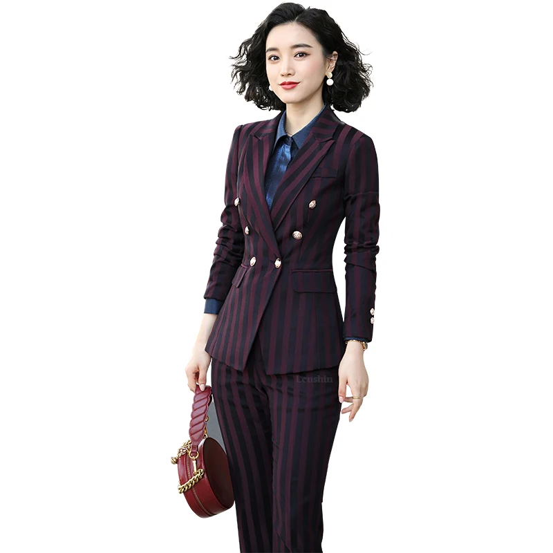 Lenshin High-Quality Plus USA Size Women Striped Two Piece For Women Ankle-length Pant Suits Office Double Breasted Blazer Sets