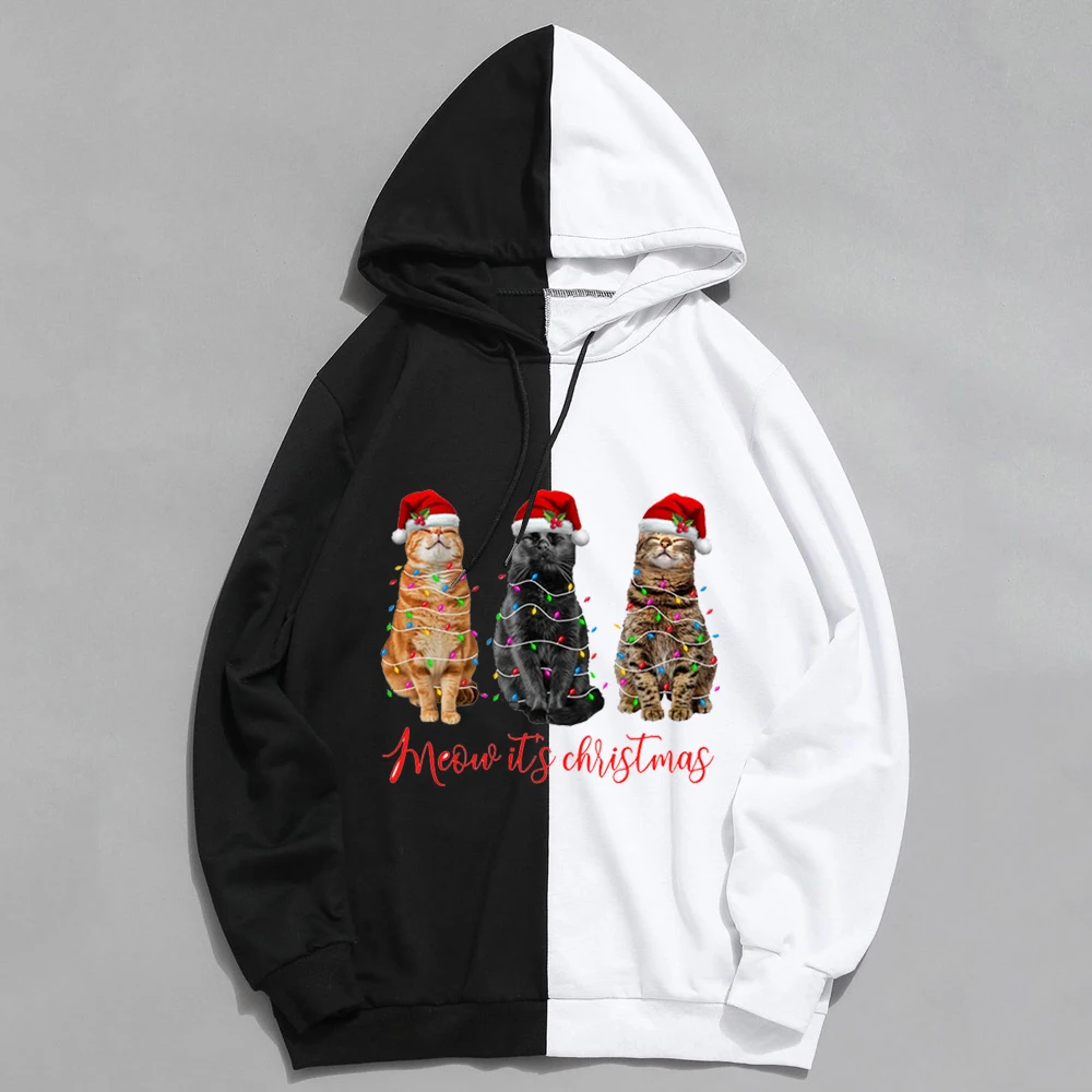 

Winter Patchwork Hoodies Women Merry Christmas Cat Print Ladies Tops Fashion Casual Long Sleeve O-neck Hoodie for Women Clothes