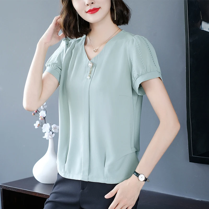 

Chiffon Loose Women's Shirts New Fashion Blouse Solid Color V-neck Summer Shirt Casual Short Sleeve Blusas Houthion