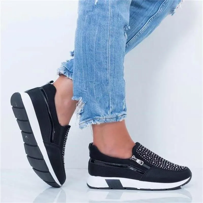 

2021 New Women Crystal Sneakers Spring Autumn Casual Zipper Flat Shoes women Non-slip Breathable Outdoor Vulcanized Shoes woman