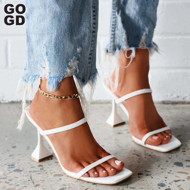 

[GOGD]2020 New Summer Women Square Toe Sandals Ladies snake print strappy mules 10.5CM High Heels Slippers Female Fashion Woman