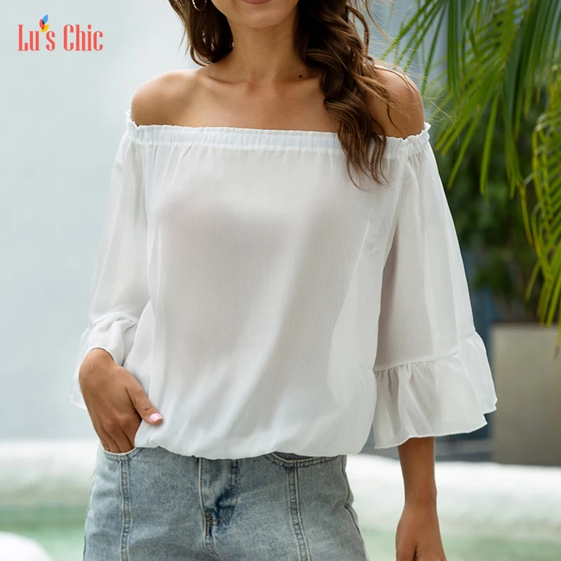 

Lu's Chic Women's Long Sleeve Tops Off Shoulder Shirt Chiffon Blouse Ruffle Tunic Ladies Casual Print Loose Fit Falbala
