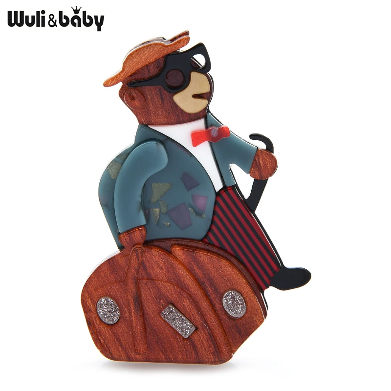 

Wuli&baby Acrylic Taking Bag Bear Brooches For Women Men Cool Wear Hat Glasses Traveling Bear Animal Brooch Pins Gifts