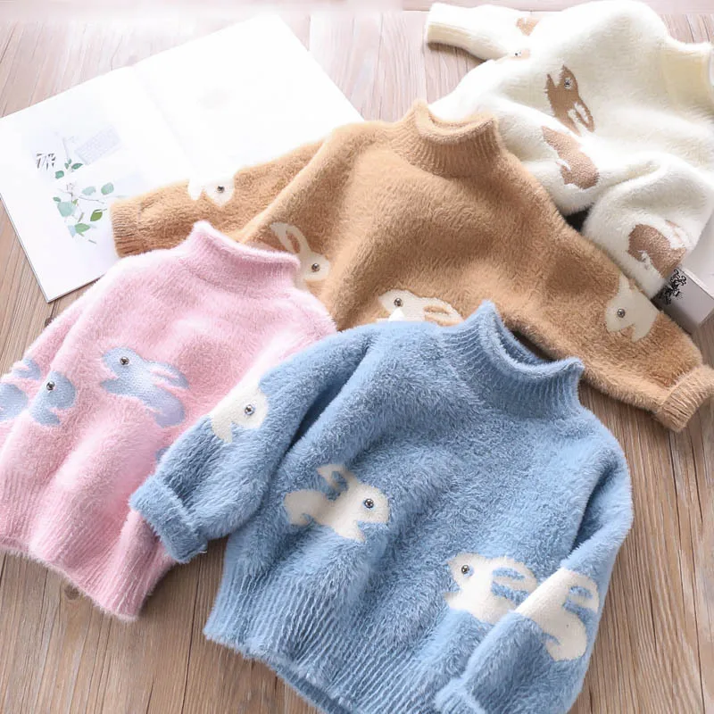 Свитера для девочек с мультяшным Кроликом зимние вязаные пуловеры милыми