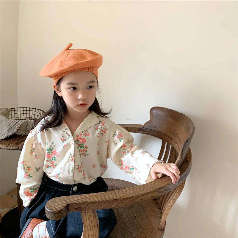 

Girls floral cotton casual long sleeve shirts 2-7 years kids korean style thin all-match base shirt little princess Tops