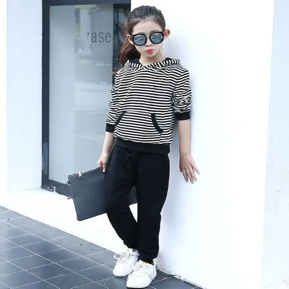 Spring Teen Girls Clothes Kids Sport Set Striped Costume Hooded Sweatshirt+Pants 2pcs Children's Tracksuit For Baby Girl 4-12Yrs | Детская