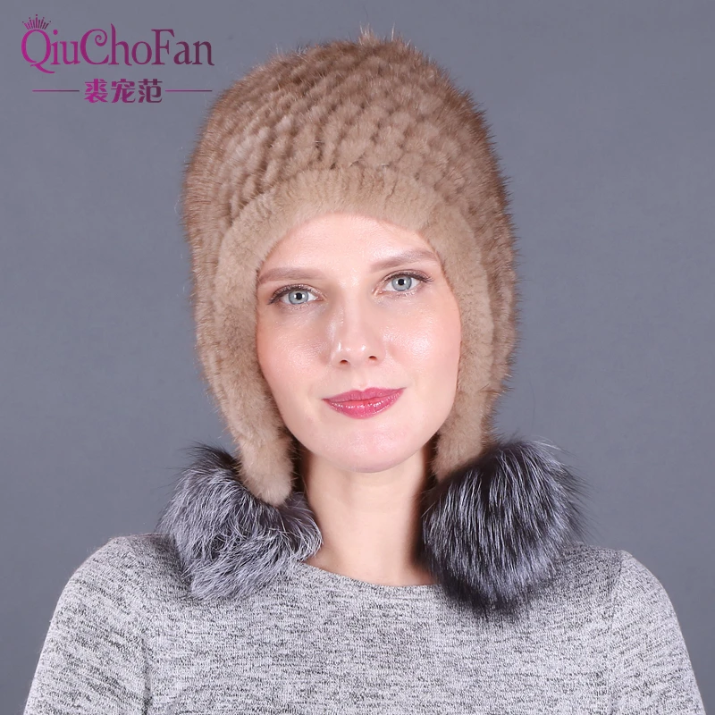 Серебристая помпон из лисьего меха шапка для женщин зимняя женская меховые