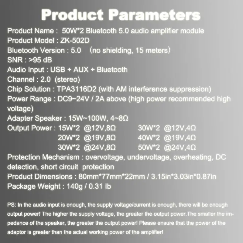 

5.0 Bluetooth DC9-24V Dual Channel Digital Audio TPA3116D2 50W x 2 Treble Bass Aluminum Shell Amplifier