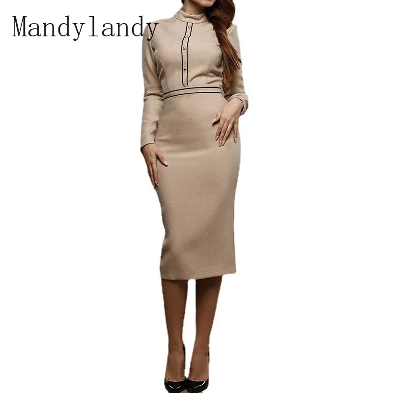 

Mandylandy Dress Autumn Fashion Long Sleeve O-Neck High Waist Dress Women's Casual Solid Color Slim Beaded Dress