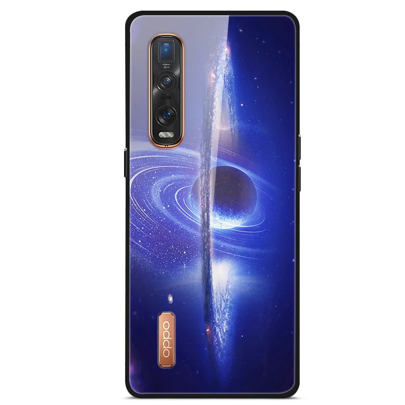 

For OPPO FIND X2 Pro Phone Case Tempered Glass Back Cover With Black Silicone Bumper Star Sky Pattern