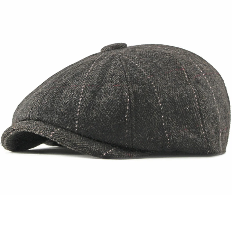 Handmade Soft Wool 8 Panel Navy Herringbone Newsboy Cap Men 8-Quarter Style Flat Caps Women Beret Hat 005 Tweed