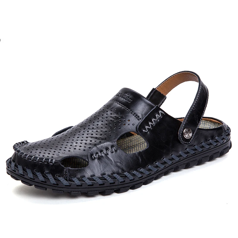 

Шлепанцы мужские кожаные с перфорацией, дышащие сандалии для пляжа, повседневная обувь для прогулок, летние тапочки, сланцы
