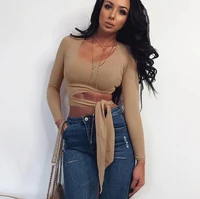 2020 new womens direct tribute fabric slim round neck long sleeved t shirt with waist tie crop lady top