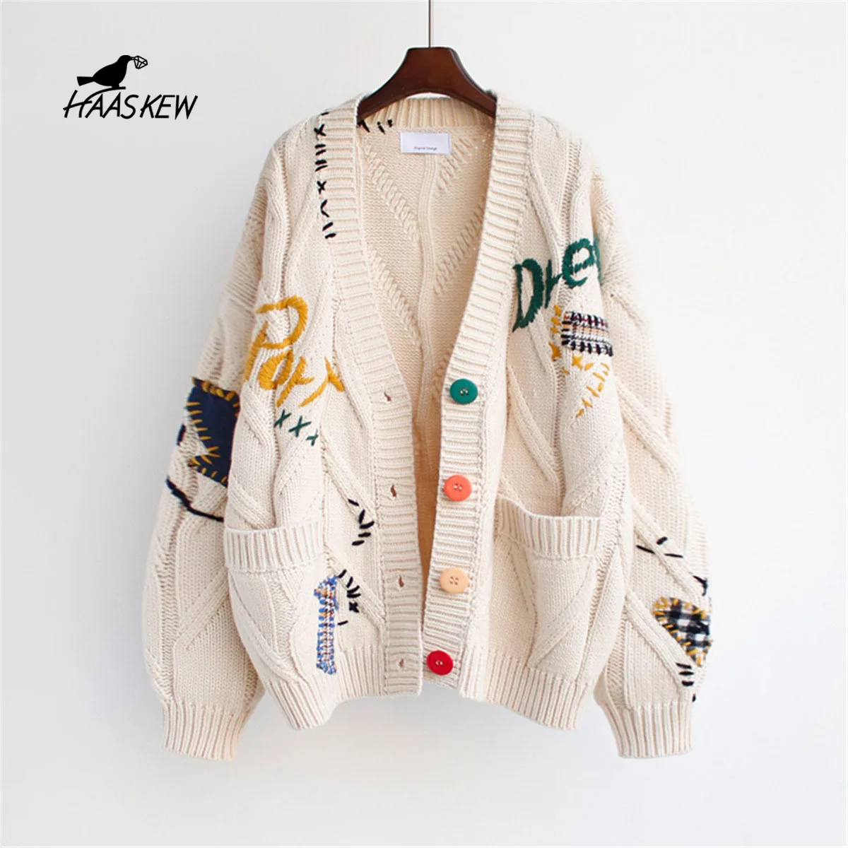 

Autumn Winter Cardigan Embroidery Women Knit Jacket Loose Casual Warm Sweater Female Buttons-up Christmas Sweater Knitwear Coat