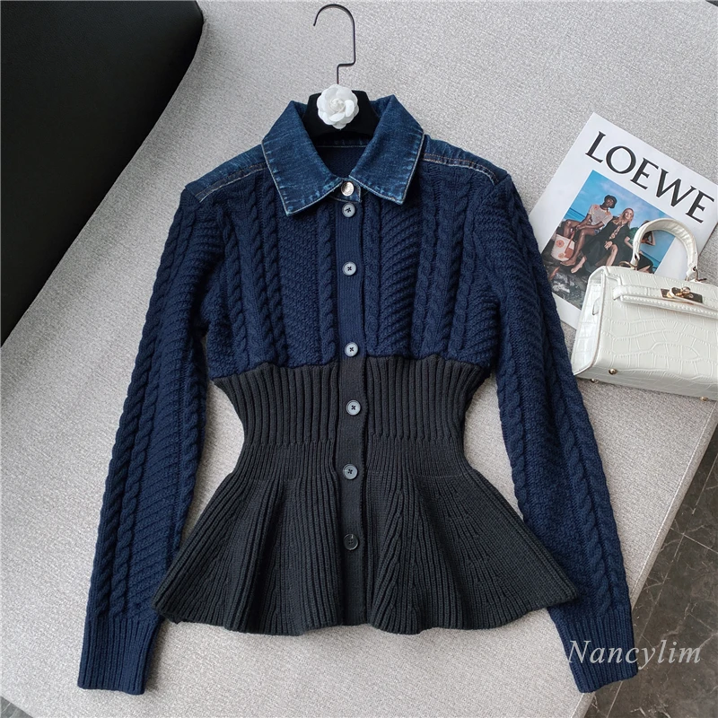 

Elegant Lady Cardigan Top New Design Denim Collar Stitching Thickening Long Sleeve Sweater for Women 2021 Autumn and Winter