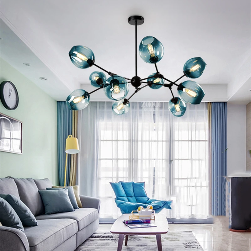 

Nordic LED Ceiling Chandeliers For Living Room Bedroom Home Blue High Light Transmission Glass Lampshade E27 Indoor Lamp