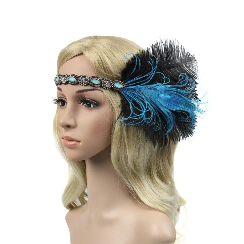 Blue 1920s головной убор с перьями, головной убор «Грейт Гэтсби», головной убор, винтажный праздничный костюм, платье, головной убор, аксессуары для волос - Цвет: Blue