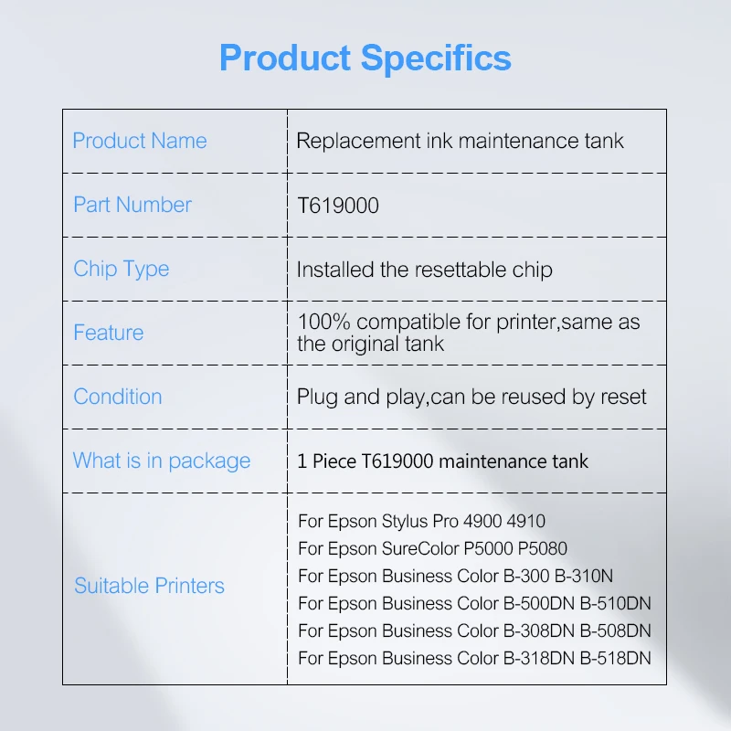 T619000 T6190 бак чернил для Epson SureColor P5000 P5080 Stylus Pro 4900 4910 B-300 B-310N B-500DN B-510DN принтер |