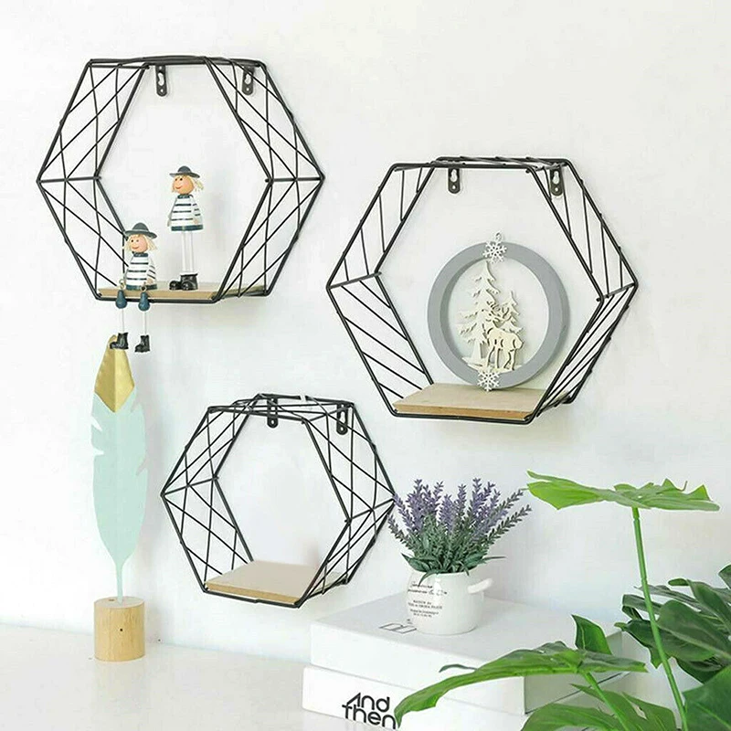 

Iron Hexagonal Grid Wall Shelf Combination Hanging Geometric Figure Wall Decoration for Home EF