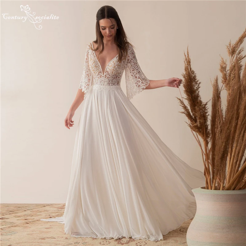 

Simple Wedding Dresses Boho Bride Dress for Women 2021 V-Neck Backless Lace Chiffon Beach Bridal Gowns Vestido De Noiva Cheap