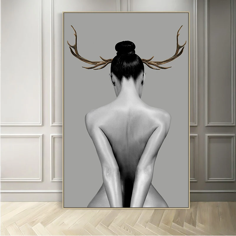 2 панели Современные Сексуальные Женщины Золотые олени оленьи рога Настенная