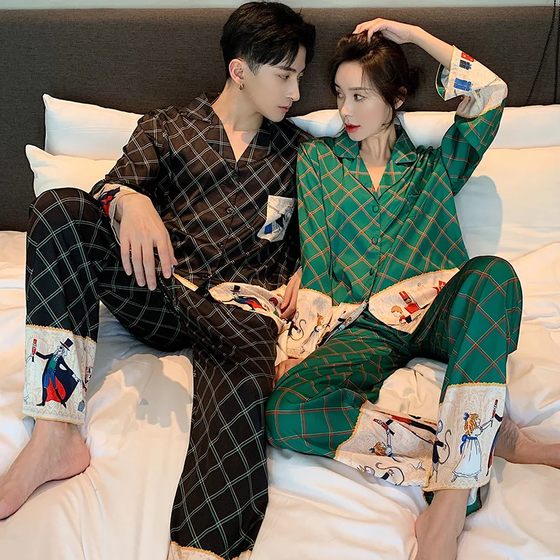 

2 Pieces Unisex Adult Couple Pajamas Long-sleeved Ice Silk Female Printed Sleepwear Set Long Sleeve Men Home Service Suit