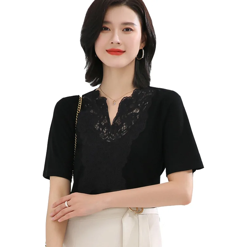 

2021 summer new short sleeve v-neck female coat loose collar shirt embroidered chiffon unlined upper garment, 5113