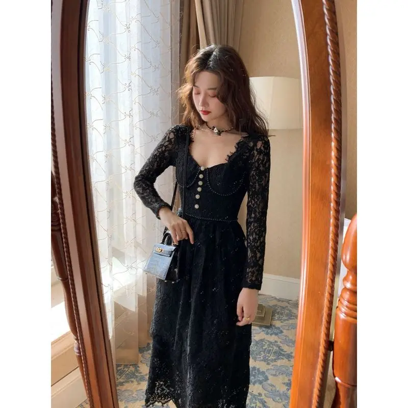 

Spring Fairy Dress Women Elegant Lace Patchwork Party Midi Dress Female Sexy French Style Sweet Kawaii Korean Dress Women 2021