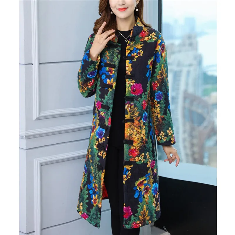 Новинка длинные женские парки зимняя хлопковая куртка с принтом в фольклорном