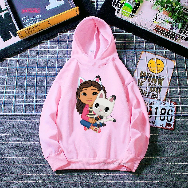 cute girls hoodies cartoon gabbys doll house graphic print girls hoodies fashion cute kids white pink sweatshirt tops wholesale