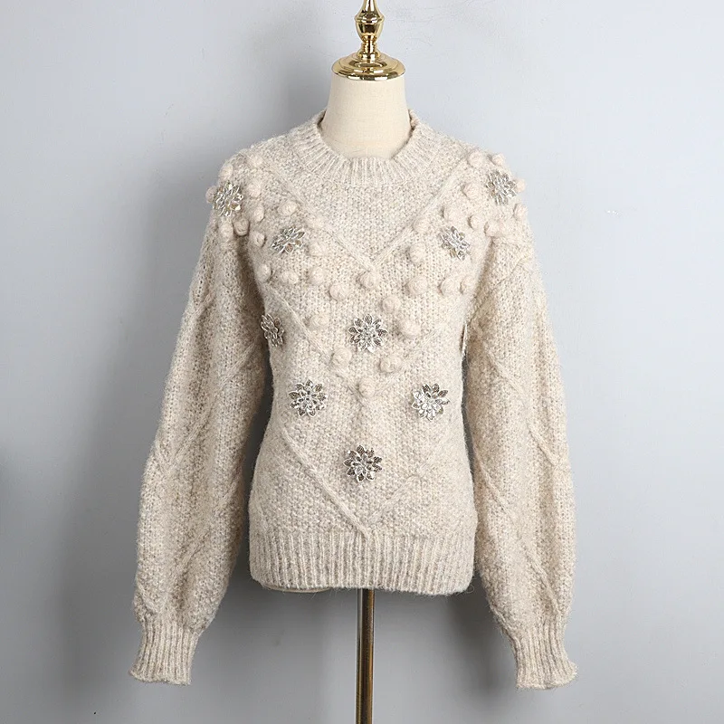 

2022 Autumn Winter Sequin Embroidery Sweater Sweet Flower Ball Decoration Pullover Ladies Loose Round Neck All-Match Sweater