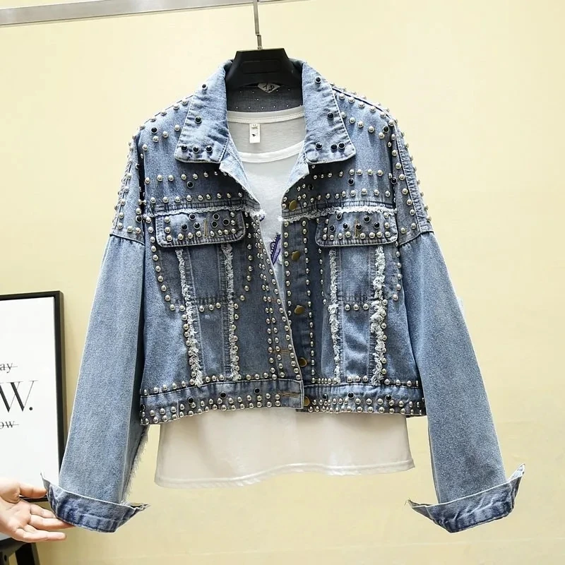 2021 New Autumn Women Denim Jacket Heavy industry Rivet Beaded Jeans Coats Long Sleeve Casual Female Loose Outwear Plus Size | Женская