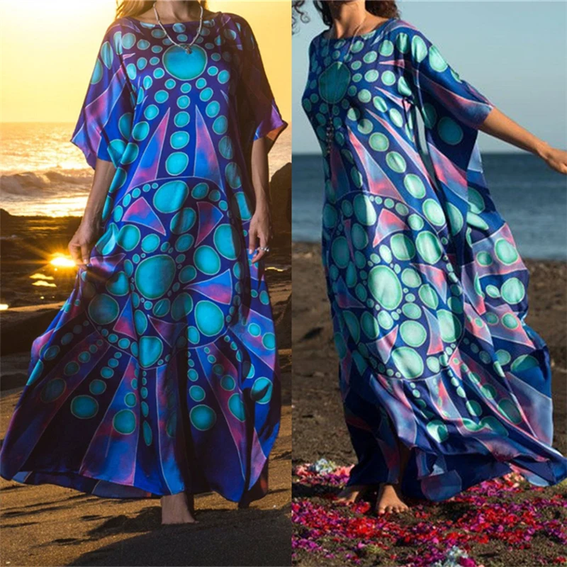 Женское пляжное платье с рукавом летучая мышь разноцветное свободное макси