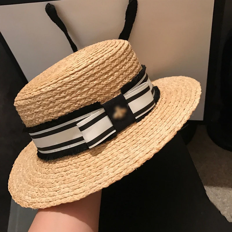 RH женские летние Козырьки с бантом соломенная шляпа из рафии плоским верхом
