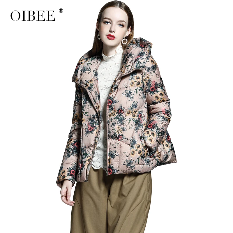 OIBEE2019 осенняя и зимняя женская новая свободная повседневная короткая куртка-пуховик с капюшоном модная короткая женская куртка с принтом