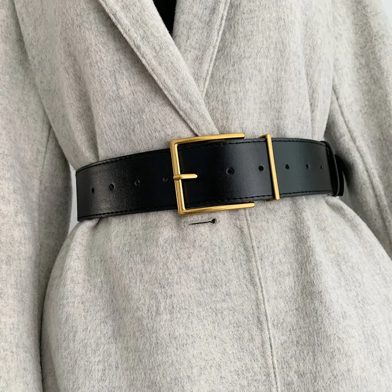 Luxury Black Wide Belt Vintage Square Pin Buckle Leather Waist Strap Women Simple Dress Corset Belts Fashion Coat Waistband