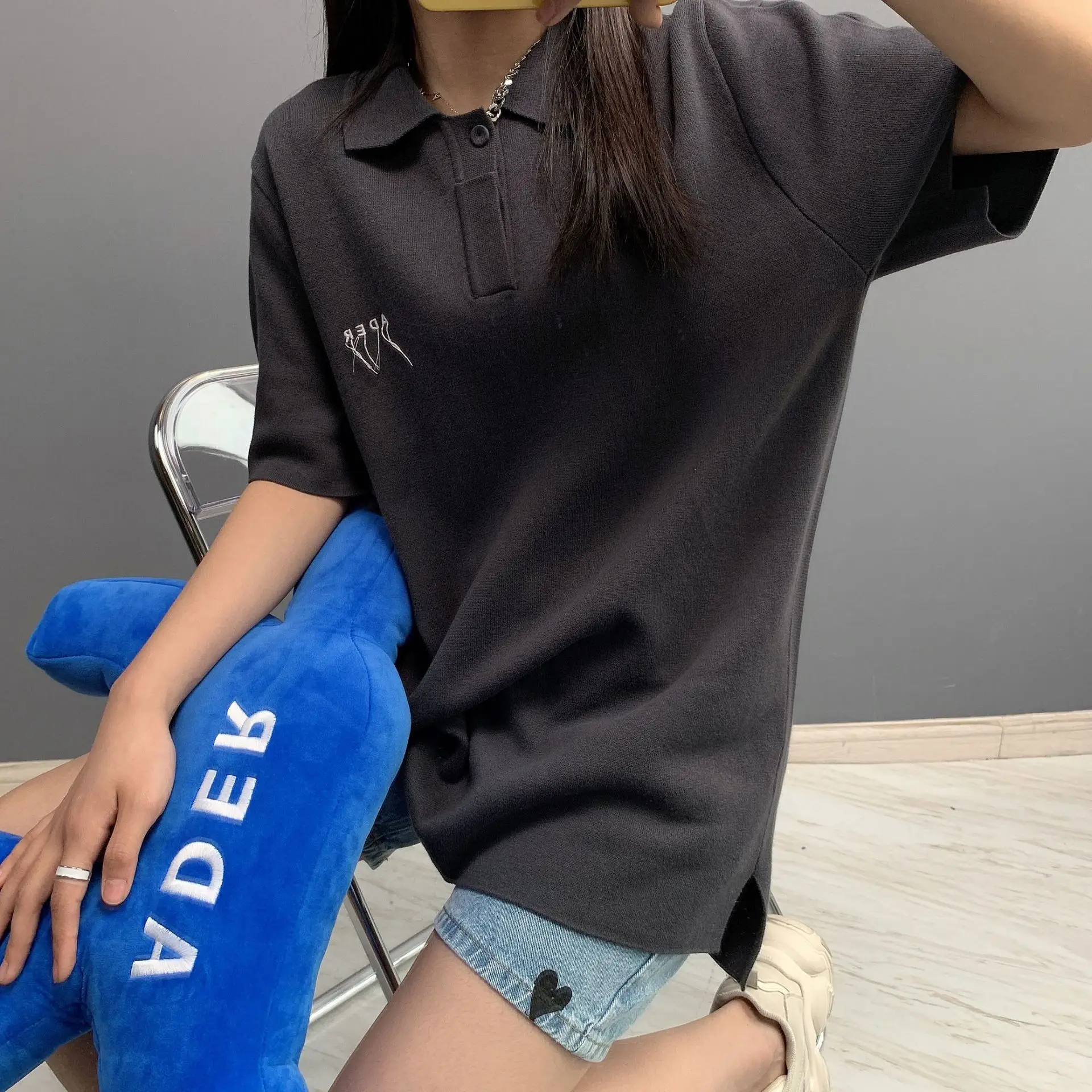 

Needle Logo Tassel ADER ERROR Polo Shirt Men Women Adererror Polos Irregular Sleeves Tops Short Sleeve Knit Cotton Polo In Blue