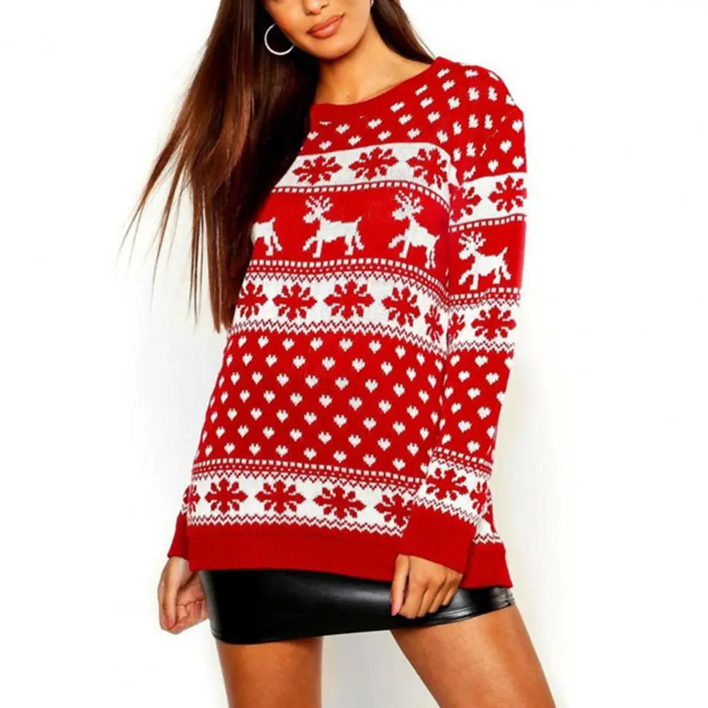 

Fashion Knitted Top Long Sleeve Warm Snowflake Pattern Knitwear Sweater Xmas Print Design Knitting Sweater