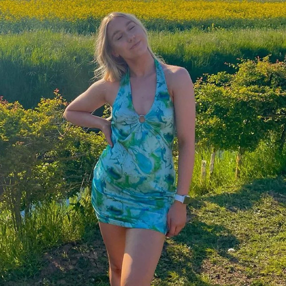 

Sexy Halter Neck Bodycon Green Dress Women Short Mini Robe Femme Circle Ruched Tie Dye Print Backless Midi Dresses Party Club