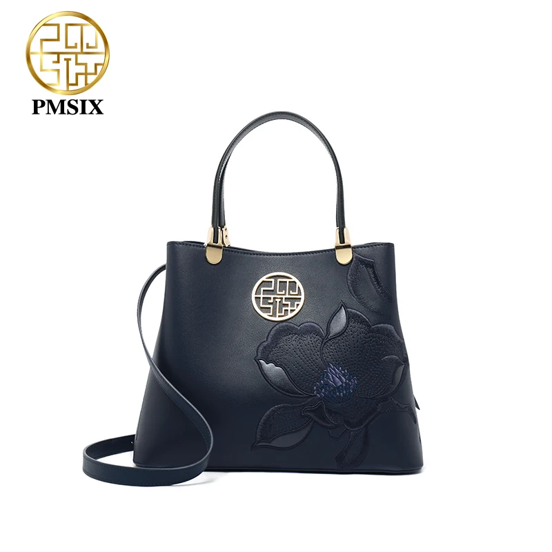 

PMSIX Cow Leather Shoulder Bags For Women Embroidery Female Handbags Designer Luxury Ladies Tote Navy Blue Bucket Bag 2021