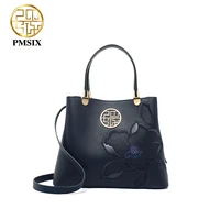 pmsix cow leather shoulder bags for women embroidery female handbags designer luxury ladies tote navy blue bucket bag 2021